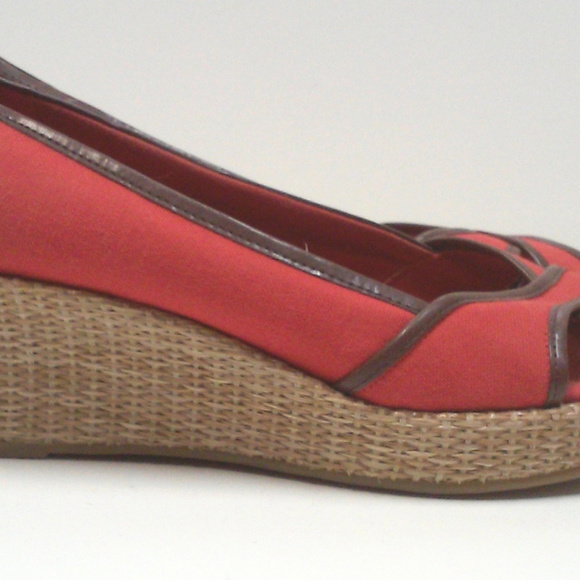 Red Canvas Espradille Peep Toe Heels Size 9.5 - Picture 4 of 5